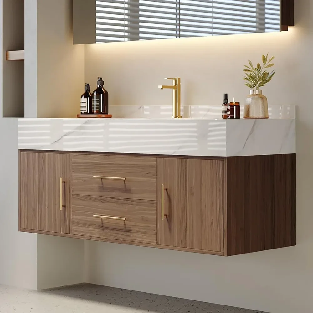 Modern 39" Floating Bathroom Vanity Set Stone Top Wall Mounted Bathroom Cabinet 5
