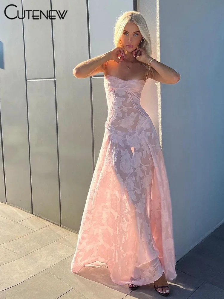 NIBBER Women's Elegant Floral Printed Mesh Maxi Dress Sweet Backless Sleeveless Suspender Dress Summer Street Casual Vestidos