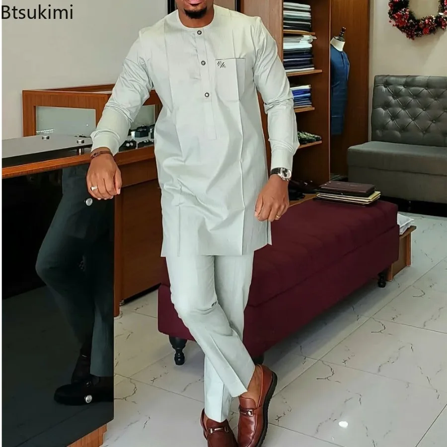 

Мужской костюм из двух предметов, однотонный костюм с круглым вырезом и длинными рукавами, с вышивкой, Свадебный костюм в Африканском этническом стиле, новинка 2024