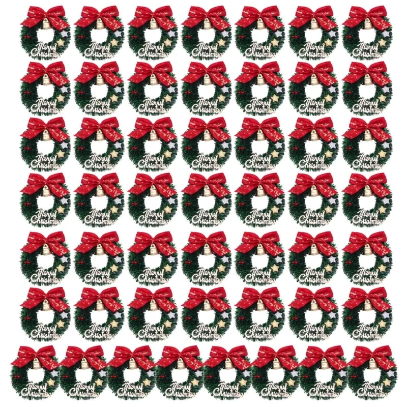 

50Pcs Merry Chrismas" Five Pointed Star Mini Christmas Wreath With ,Bow And Rattan Ring Miniature Scene Dollhouse
