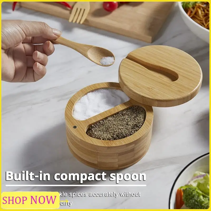 1Set Seasoning Box With Swivel Lid Bamboo Salt Cellar Wood Color Dual 6 Oz With Lid And Spoon