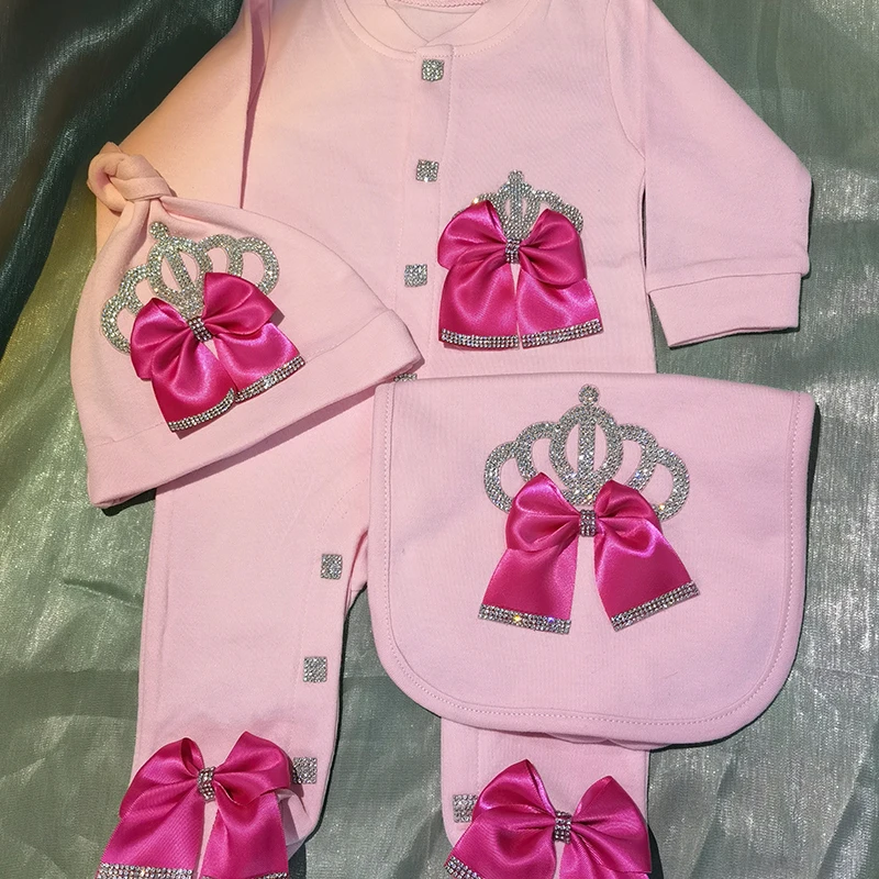 4pcs Crown Jewelry Welcome Home Romper Baby Clothing Name Personalized Baby Girl Boy Toddler's Cotton Outfits Newborn Gift Infant Romper