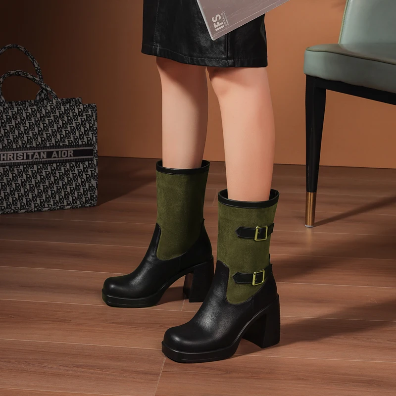 Square Toe Ultra High Thick Heel Matte Float Patchwork PU Women's Mid Length Boots For Winter Thick Plush Lining Shoes