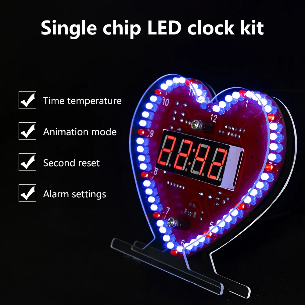 Heart Shaped 4-Digit DIY Clock Kits with LED Lights Date/Time/Temperature/Week Alarm Clock Soldering Suite for Christmas Gifts 2