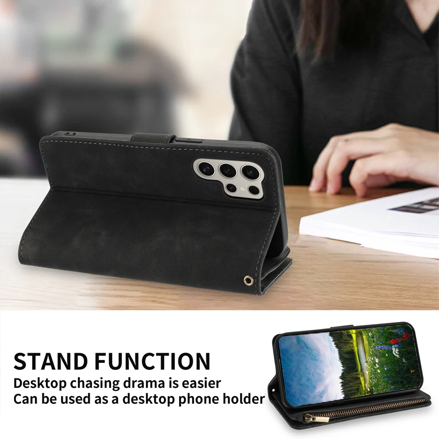 Deluxe Multi-Card Zipper Leather Wallet Case with Kickstand and Magnetic Closure