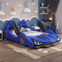 Lit double moderne pour enfants de 1,5 m, lit enfant garçon en forme de voiture de sport, cadre en bois massif créatif avec revêtement en cuir, lit simple pour bébé 4