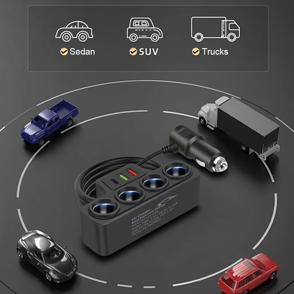 Car Cigarette Lighter Splitter with 4 Outlets and 3 USB Ports