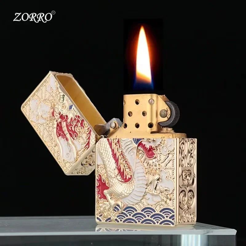 Zorro-古い昔ながらの鎧灯油ライター、純銅、防風、5面エンボス