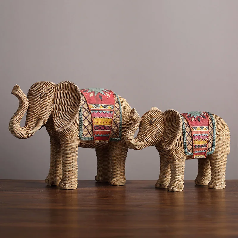 

Imitation Rattan Weave Hand-painted Elephant Ornaments Living Room Bedroom Office Resin Creative Crafts Ornaments