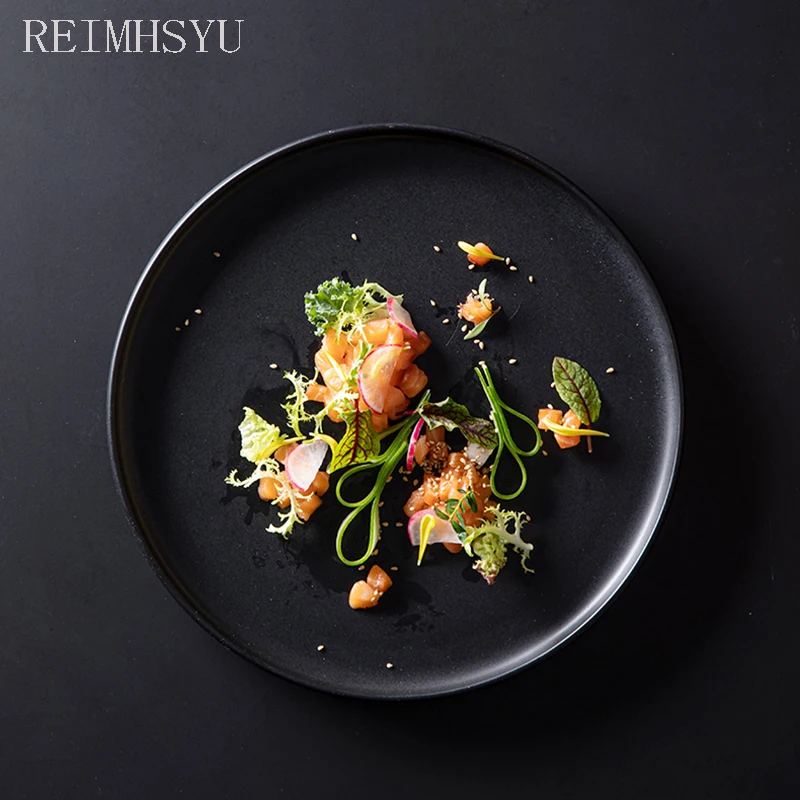 

1PC RELMHSYU Nordic Style Ceramic Retro Round Straight Flat Pasta Salad Steak Dinner Plate Dishes Household Tableware Set