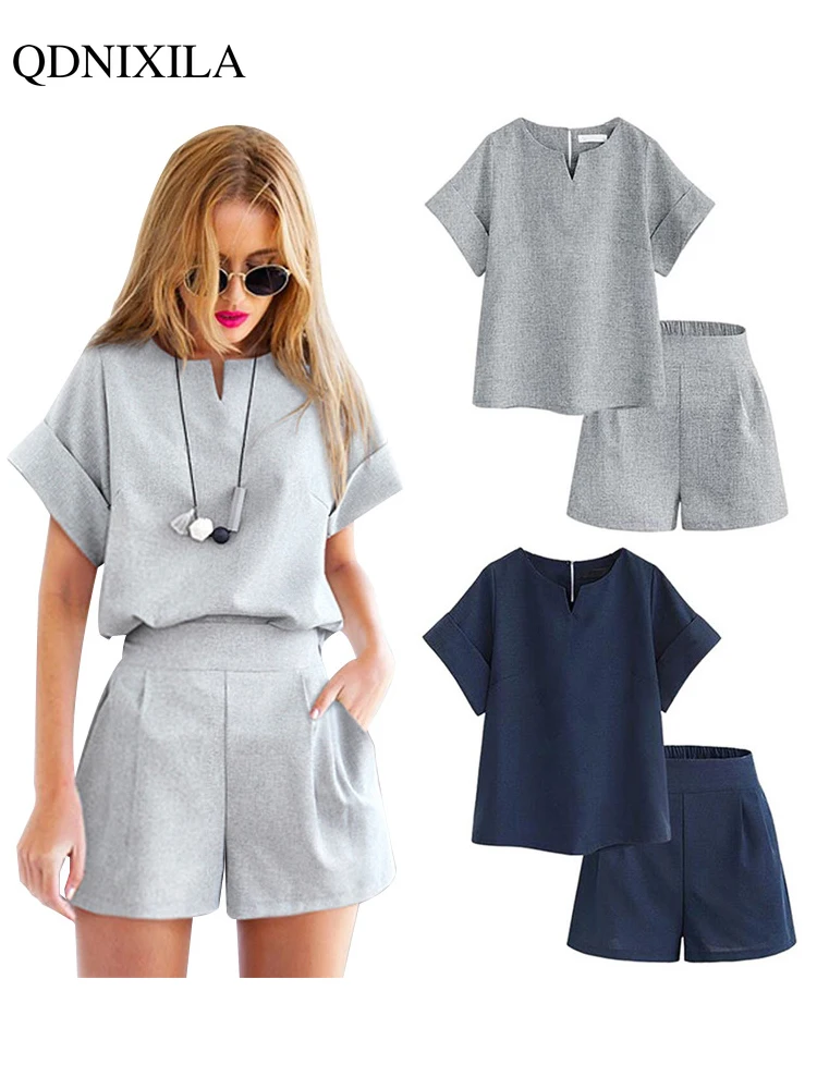 

2023 Summer New Cotton Linen Oversized Women's Shorts Sets Solid Fashion Short Sleeve T-shirt Top and Shorts 2 Piece Set Outfits