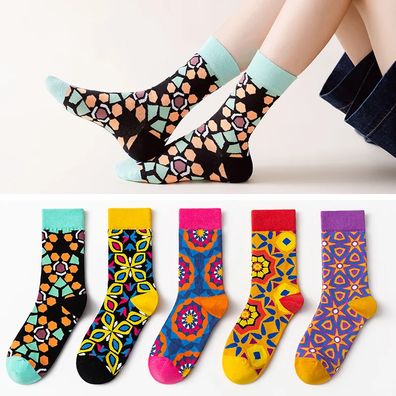 

Hip-hop Trend Women's Socks Novel Geometric Flower Personality Design Cotton Socks High-quality Comfortable Breathable Socks