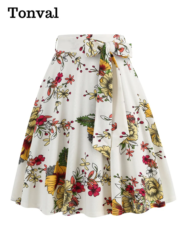 

Tonval Multicolor Floral Retro Vintage Swing Skirt Summer Women Zipper Back Midi Length Elegant Outfits Polyester Skirts