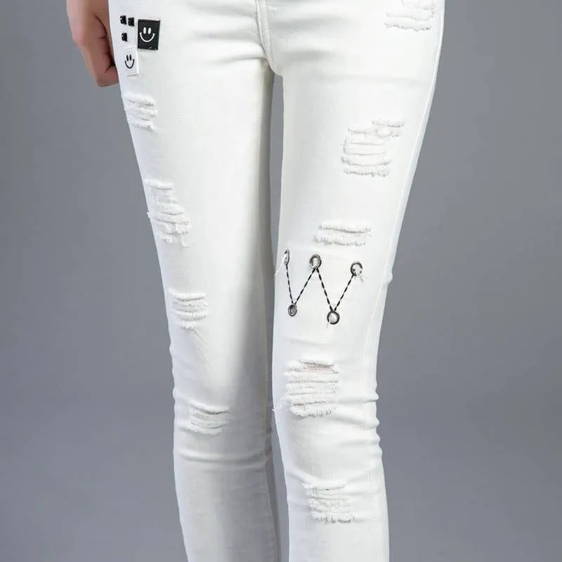 

Summer Spring Women White Denim Jeans Korean Fashion Slim Stretched Hole Jeans Pencil Pants Capris Cowboy Trousers Black