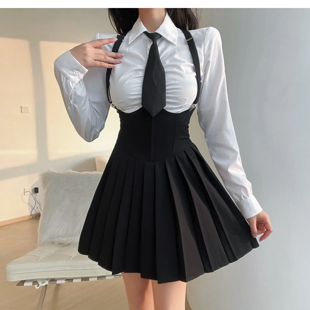 Japanese School Uniform Women Size 4XL Sexy JK Uniform Suit Slim American Sugar Spicy Girls College Style Uniform Set Shirt White + Strap Pleated Skirt
