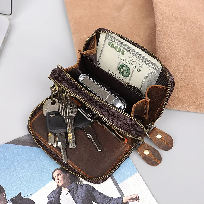 Vintage Leather Card Case & Coin Purse with Hand Strap - Double Zipper Clutch Bag