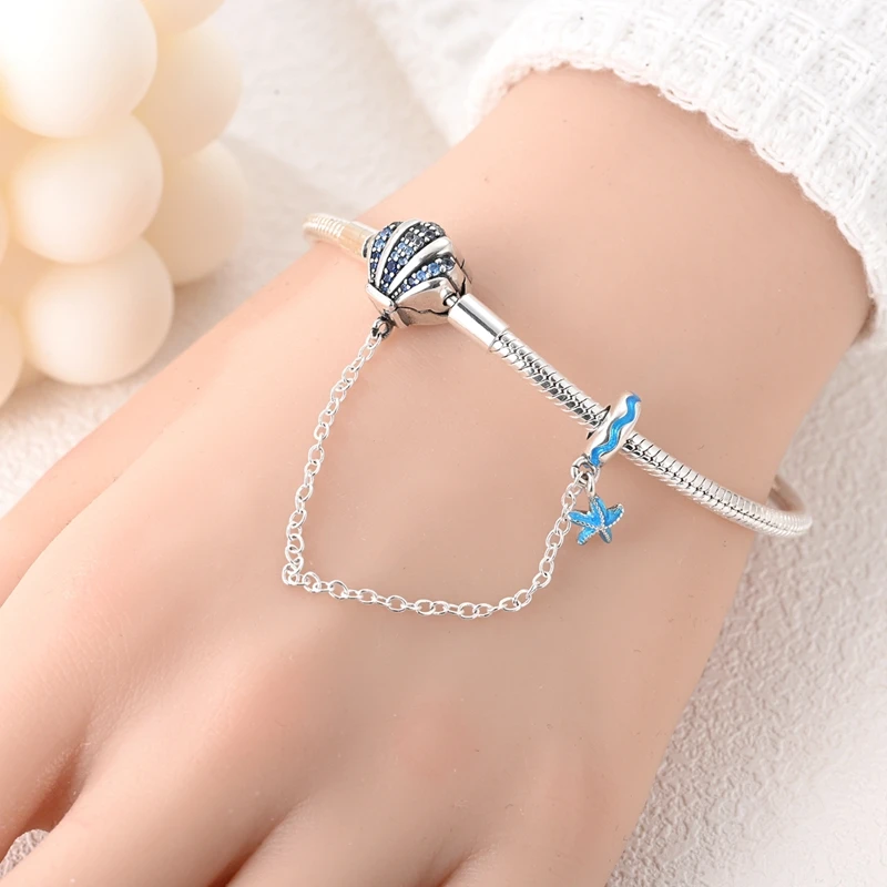 Women Bracelet 925 Sterling Silver Star Moon Blue Zircon Pink Heart Butterfly Cat Paw Bracelets DIY Charms Safety Chain Jewelry 4