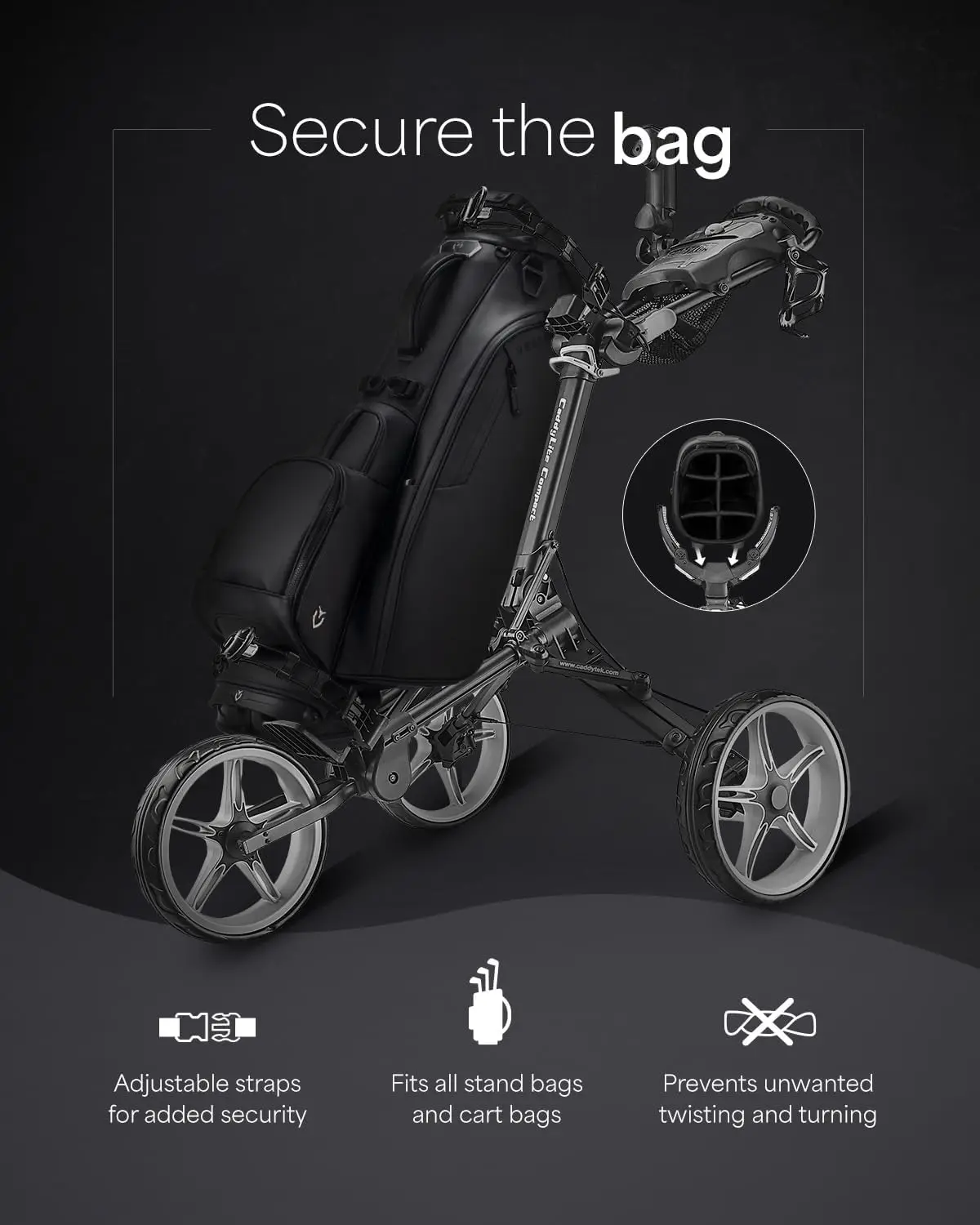 Compact 3 Wheel Golf Push Cart, One Click Folding Design, Smallest Folded Footprint, 32" Wide Wheelbase with