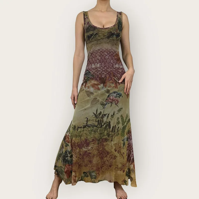 

Holiday Floral Printed A-Line Dress Casual O-Neck Sleeveless Maxi Dresses For Women 2024 Summer Fashion Streetwear Lady NWQ63