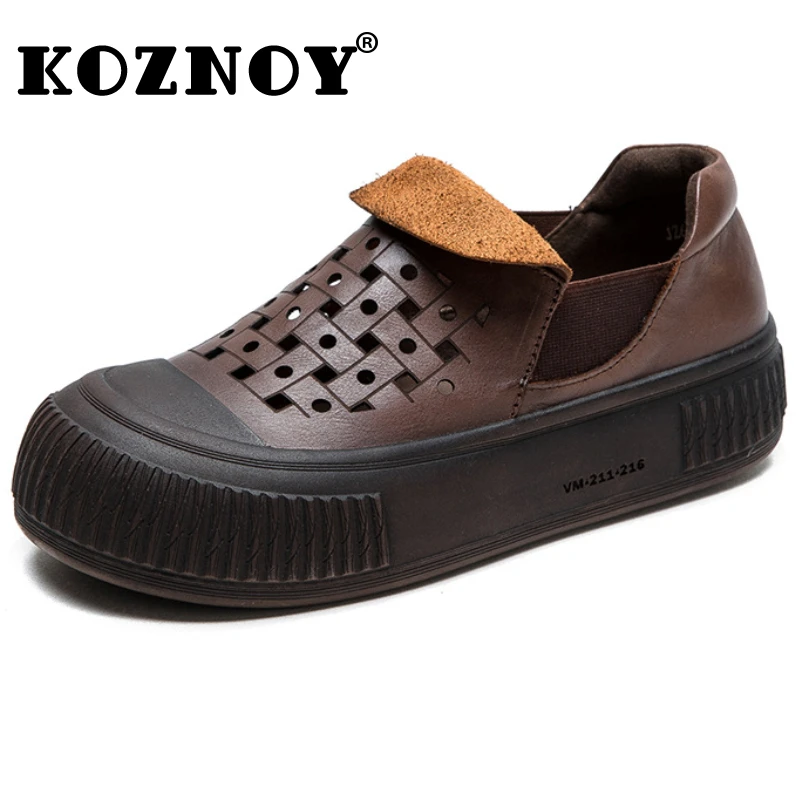 

Koznoy 4cm Cow Genuine Leather Shallow Woman Ethnic Elegance Luxury Hollow Flats Ladies Comfy Soft Soled Moccasins Summer Shoes