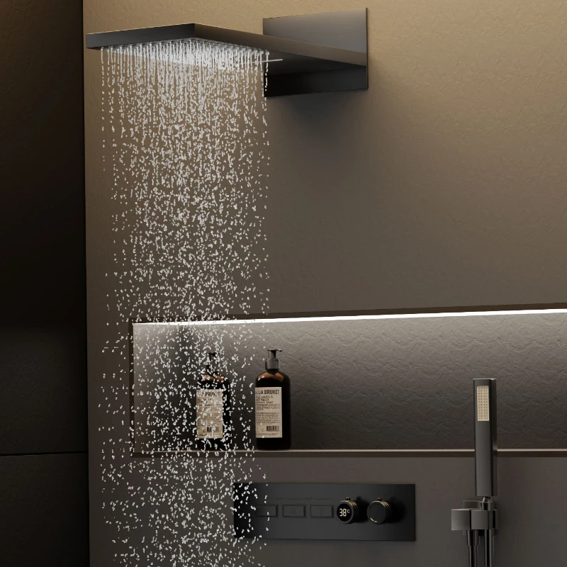 All copper concealed showerhead gun, gray black, white set, wall mounted with faucet, intelligent constant temperature boosting