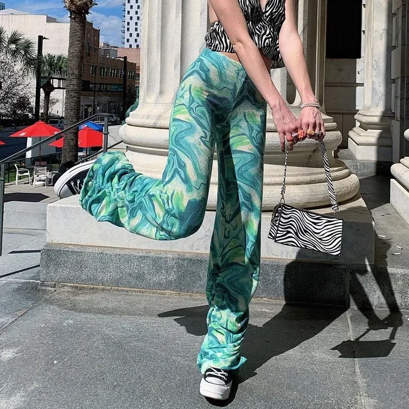 Y2k High Waist Baggy Trousers Aesthetics Casual  Fashion Tie Dye Ripple Print Ruched Green Stacked Pants 2024 Women Streetwear