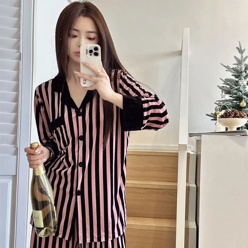 

Gold Velvet Pajamas Women's Autumn And Winter New Long-sleeved Thin Velvet Sleepwear Striped High-grade Velvet Home Clothes