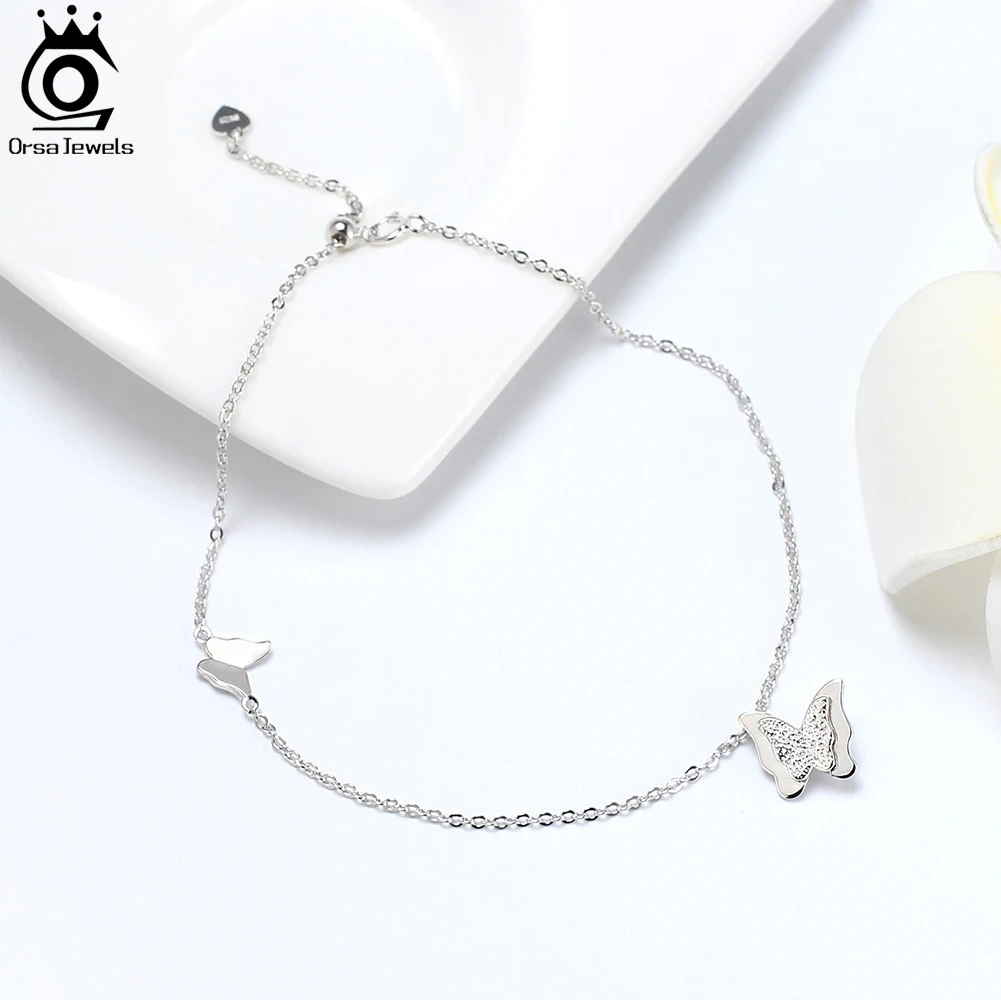 ORSA JEWELS Fashion 925 Sterling Silver Butterfly Chain Anklets Adjustable Rose Gold Foot Ankle Straps Jewelry for Women SA63