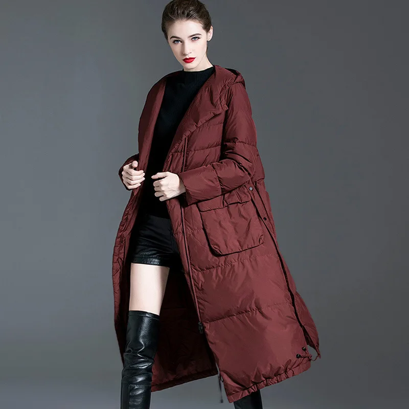 Hooded down jacket for women's 2023 winter wear, new loose fitting medium length long sleeved over knee down jacket