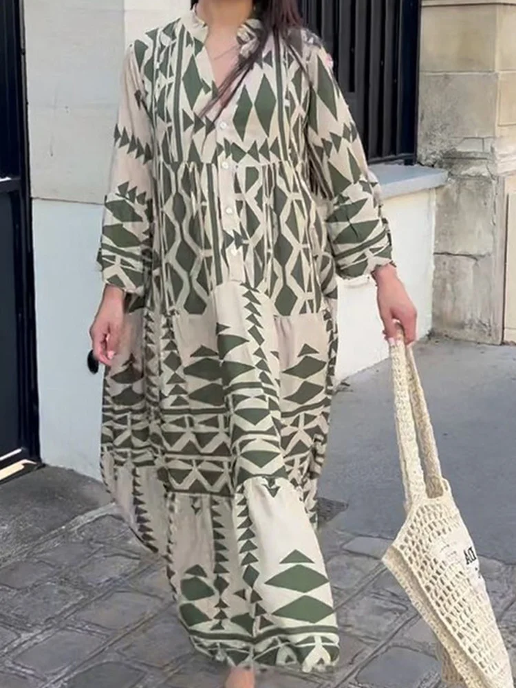 

2023 Summer Women Long Dresses Long Sleeve Pleated Boho Print Dress Ladies Fashion Vintage Boho Beach Maxi Dresses Vestidos