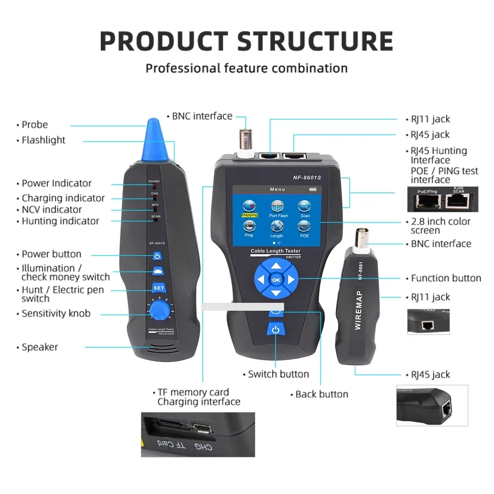 NOYAFA Cable and Network tester Cable and Network test NF-8601S 8601W 8601 Tester with PoE Ping Functions for
