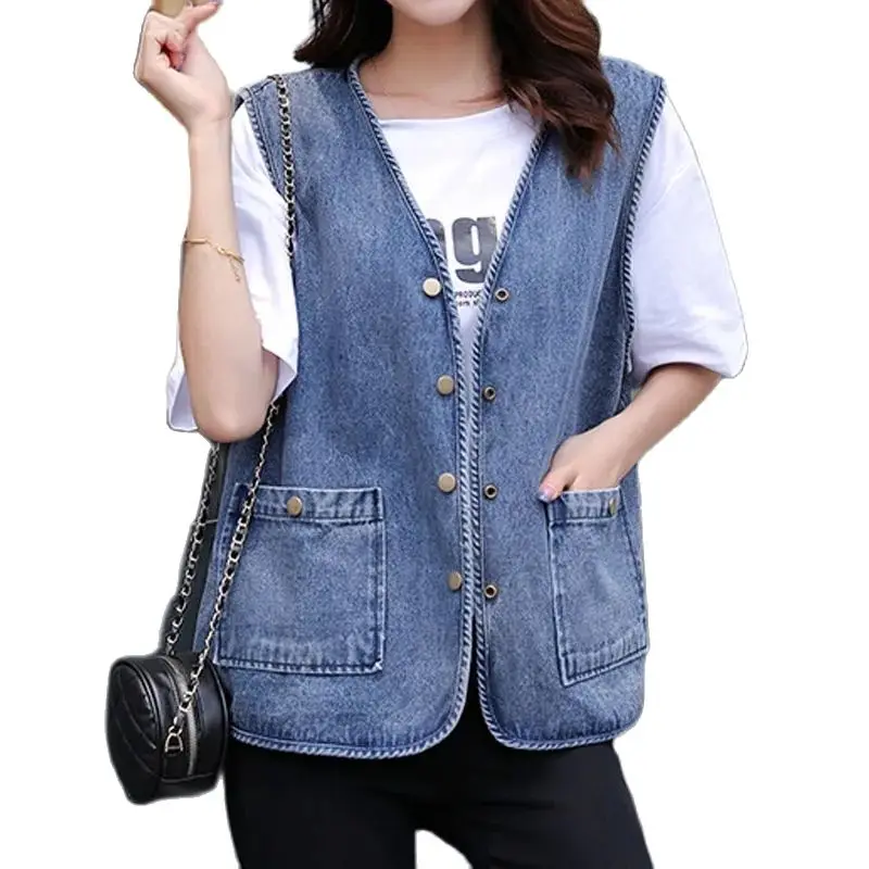 

Sleeveless Denim Vest Coat 5XL Women's Spring Autumn Loose Jeans Jacket Cardigan Short Casual Female Vintage Jean Waistcoat Tops