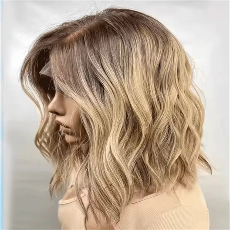 Synthetic Wig Natural Brown Rooted Honey Dirty Blonde Wig For Women Short Bob Lace Front Wigs Synthetic 13x4 Thick Density Wig on Net Topsale