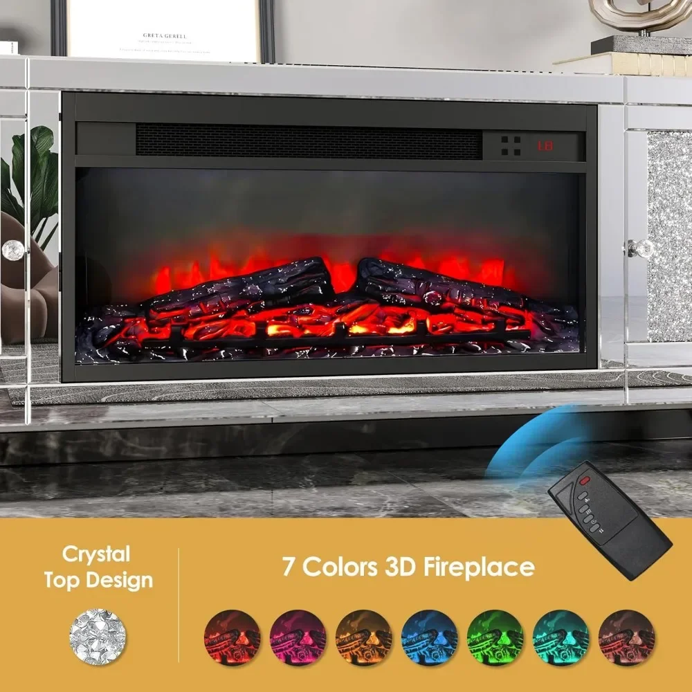 Fireplace TV Stand 59" with Storage Mirrored Silver TV Stand for 65 Inch TVs for Living Room Tall Entertainment Center TV Stands 4