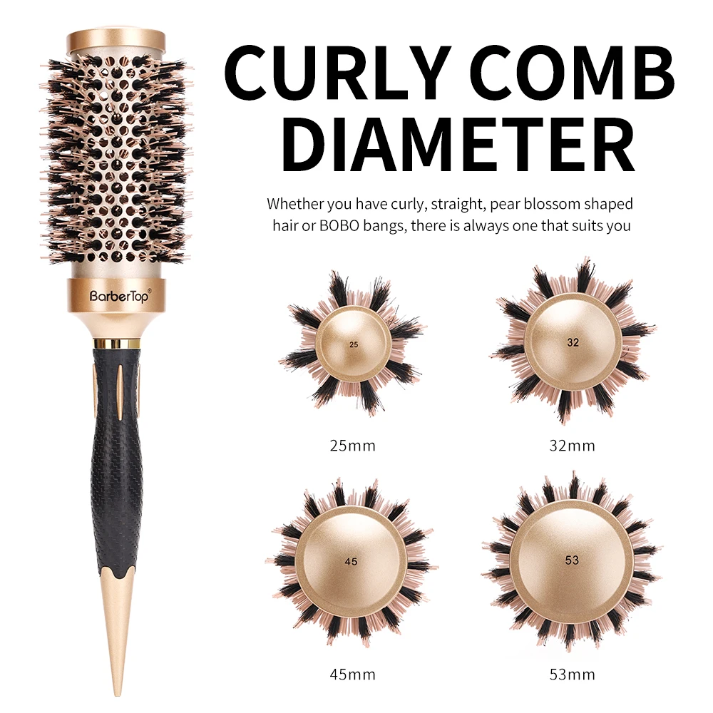 Description Picture 2 of itemNew Handle Round Rolling Brush Straight Twill Hair Comb Boar Bristle Round Barrel Hair Curling Brush Hairdressing Styling Tool