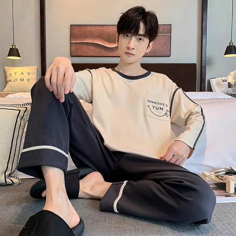 Autumn And Spring Large Size 3XL Pure Cotton Adult Letter Print Men's Pajamas Set Casual Loose Long-sleeved Home Clothes