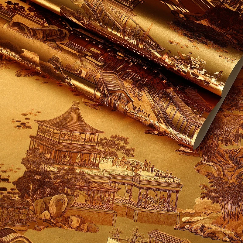 Golden 3D Qingming Riverside Wallpaper For TV Background Restaurant Hotel Box Retro New Chinese Gold Foil Wallpaper Home Decor