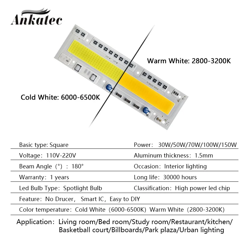 New LED COB Chip 30W 50W 70W 100W 150W Warm White Cold White Smart IC Drive-free AC 220V 110V for LED Mine Flood light DIY Lamp