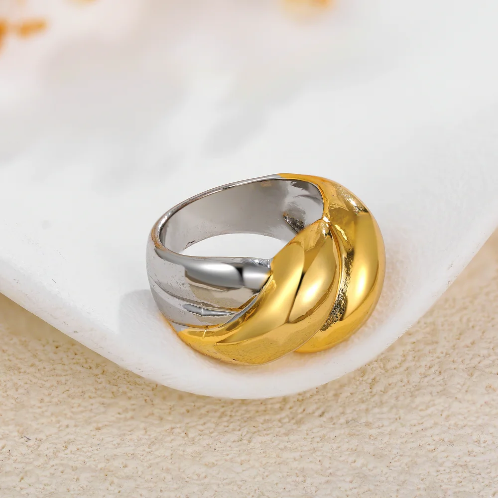 Two-tone Chunky Twist Rings for Women Girls Minimalist Double Layered Metal Stainless Steel Waterproof Knuckle Ring Punk Jewelry
