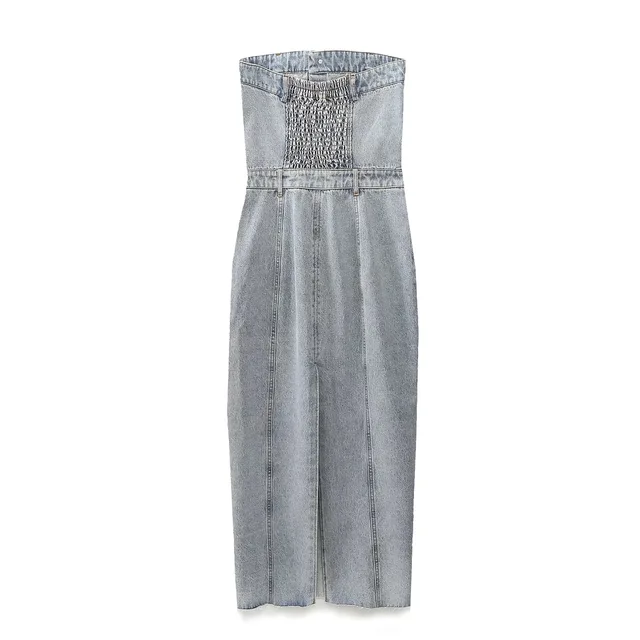 Front Split Long Denim Midi Dress 2