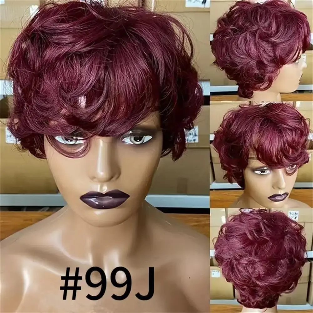 Human Hair Wigs for Women 6 Inch Short Wavy Pixie Cut 180% Density