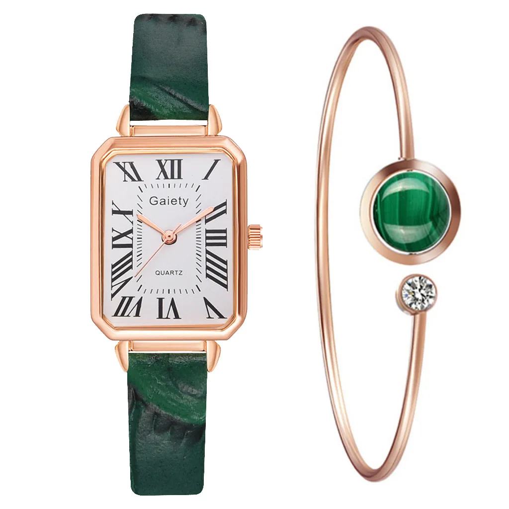 

New Korean Bamboo Belt Roman Numeral Square Plate Ladies Quartz Watch Bracelet Fashion Temperament Combination Set Reloj