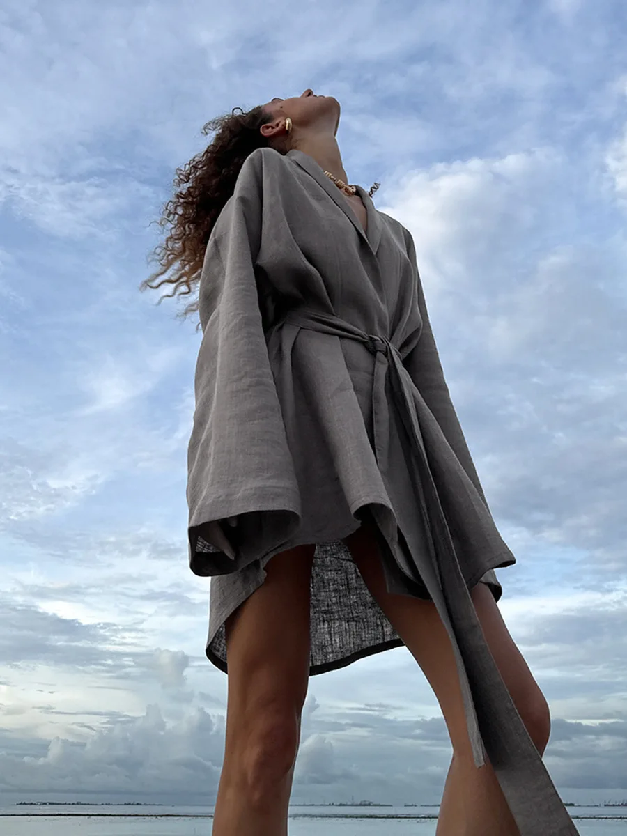 Bornladies Cotton And Linen Robe Dress 2025 Autumn Winter New Women's Lace Long Sleeve Dress Casual And Comfortable Beach Dress