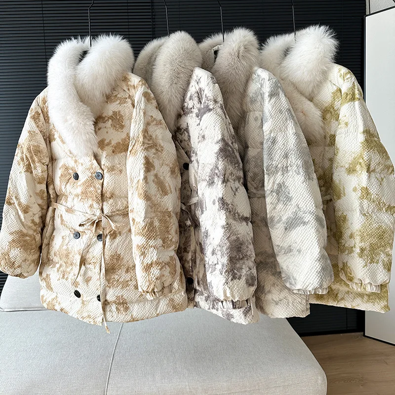 

Winter Women Real Fox Fur Collar 90% White Duck Down Jacket Women 2024 New Ink Print Slim V-neck Elegant Coat Warm Fashion Parka