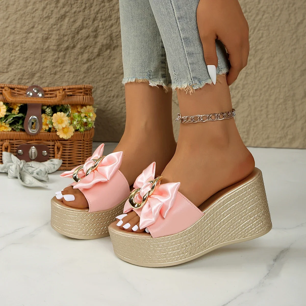 High Heels Women Slippers Bow Slippers New Wedges Platform Sandals Summer Women Comfortable Casual Dress Shoes Slides