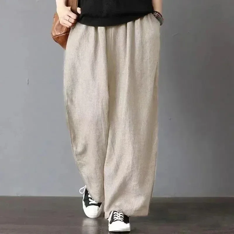 대형 7xl 캐주얼 코튼 린넨 블루머 바지 여성 헐렁한 빈티지 하렘 바지 엄마의 새로운 패션 하이 웨스트 여름 스웨트 팬