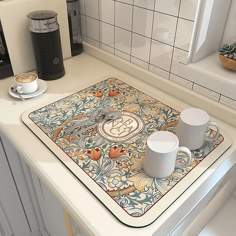 Retro Kitchen Drain Mat Absorbent Coffee Drying Pad Crystal Velvet Tableware Placemat Cup Dish Drying Drainer Mat Dinnerware Rug drying mat