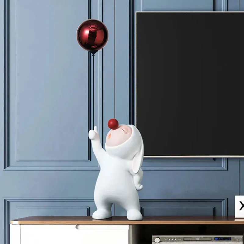 Modern Resin Rabbit Balloon Decorative Object White & Red Home Desk