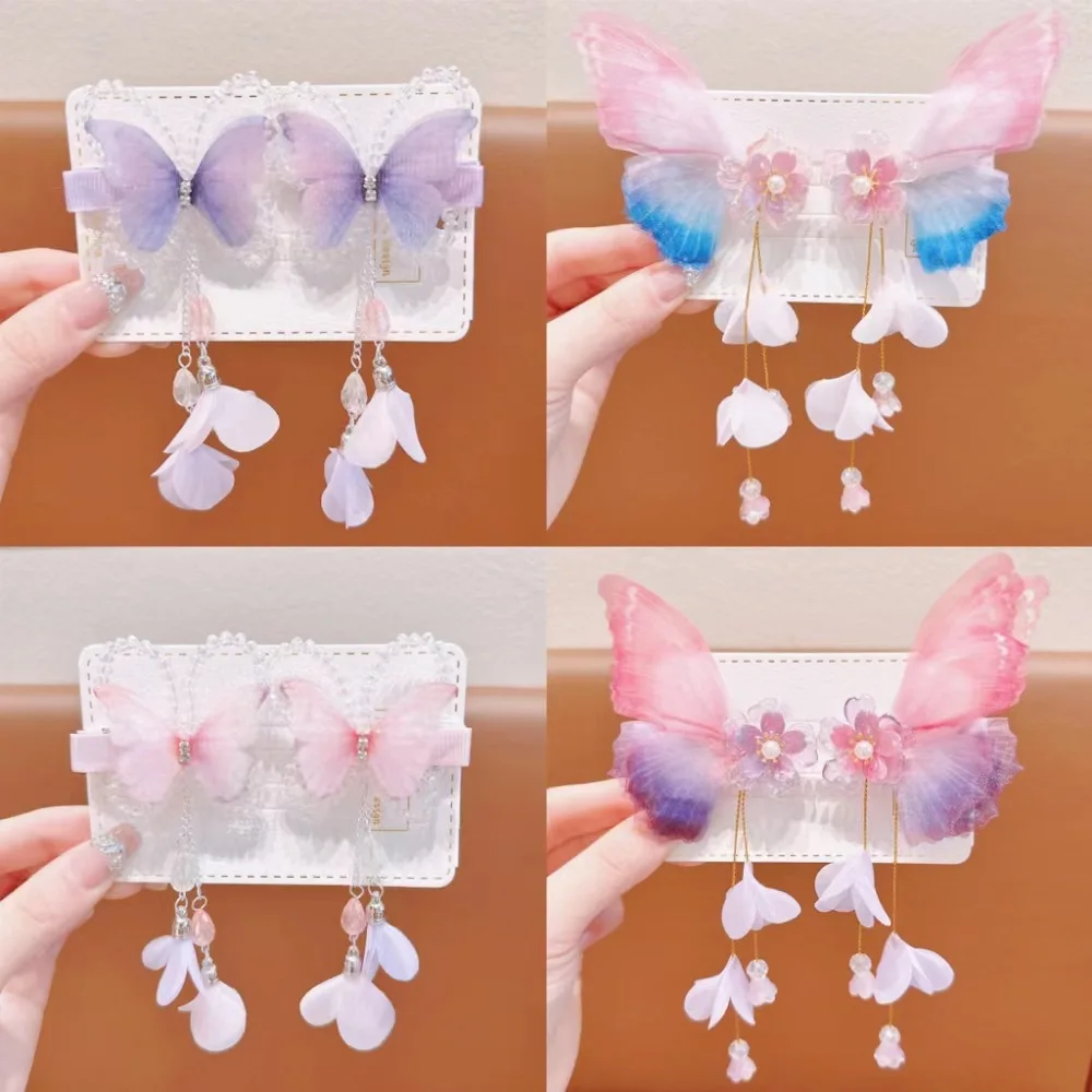 

Children's new antique butterfly tassel hair clip Hanfu tulle super fairy headdress moving Internet celebrity gradient hairpin