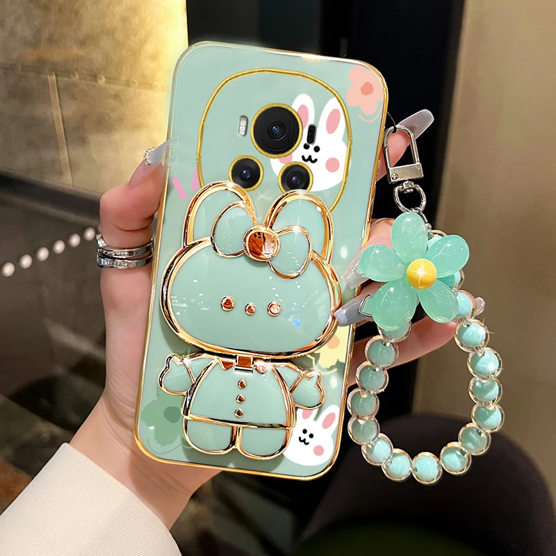 Luxury Flower Strap Rabbit Mirror Phone Holder Case